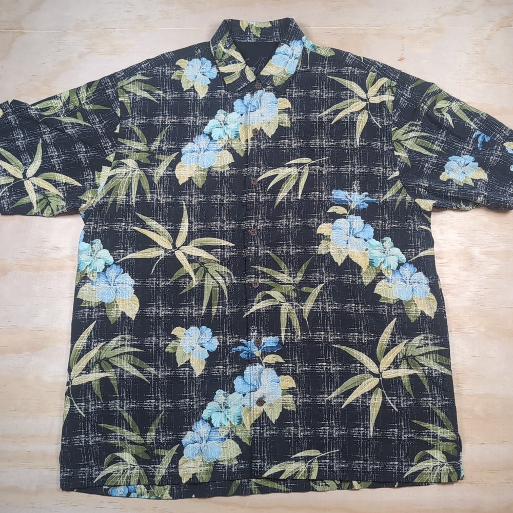 Tommy Bahama Shirt Mens 2XL Black 100% Silk Button Up Hawaiian Camp Floral Green